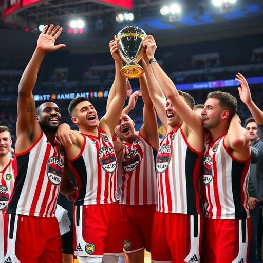 Giocatori dell'Olimpia Milano che sollevano il trofeo del campionato italiano di basket