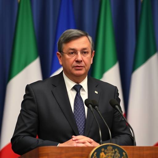 Il Ministro Rossi durante una conferenza stampa, con bandiere italiane sullo sfondo