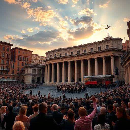 Un concerto di musica classica all'Arena di Verona, con l'orchestra e il pubblico.