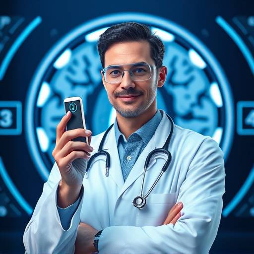 Un medico che utilizza un'interfaccia AI per diagnosticare una malattia, con un'immagine di risonanza magnetica in background.